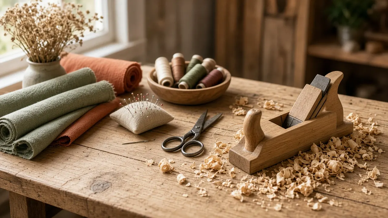 Werkbank mit Hobel, Holzspänen, Stoffrollen und Garn – Beispielfoto